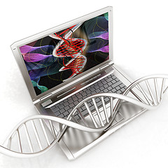 Image showing Laptop with dna medical model background on laptop screen. 3d il