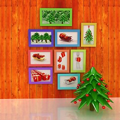 Image showing Mock up poster on the wood wall with christmas tree and decorati