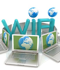 Image showing Global concept of  WiFi connectivity between laptops. 3d render