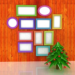 Image showing Mock up poster on the wood wall with christmas tree and decorati