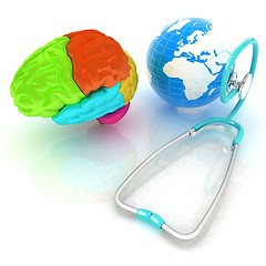 Image showing stethoscope, globe, brain - global medical concept. 3d illustrat