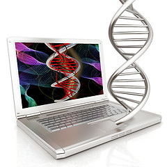 Image showing Laptop with dna medical model background on laptop screen. 3d il