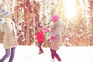 Image showing happy friends playing snowball in winter forest