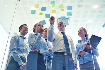 Image showing smiling business people with marker and stickers