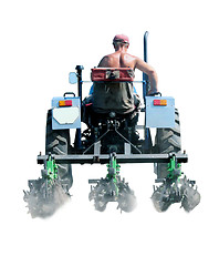 Image showing man drives a tractor with special equipment isolated