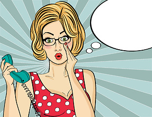 Image showing Surprised pop art  woman chatting on retro phone . Comic woman w