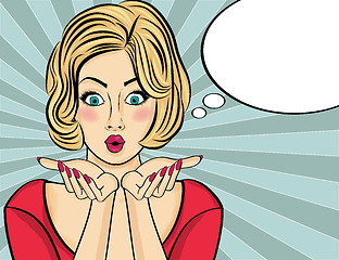 Image showing Surprised pop art  woman  . Comic woman with speech bubble. Pin 