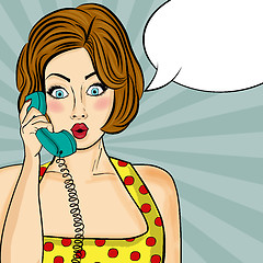 Image showing Surprised pop art  woman chatting on retro phone . Comic woman w