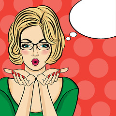 Image showing Surprised pop art  woman  . Comic woman with speech bubble. Pin 