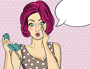 Image showing Surprised pop art  woman chatting on retro phone . Comic woman w