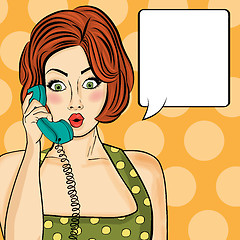 Image showing Surprised pop art  woman chatting on retro phone . Comic woman w