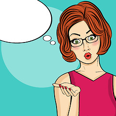 Image showing Surprised pop art  woman  . Comic woman with speech bubble. Pin 