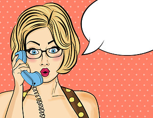 Image showing Surprised pop art  woman chatting on retro phone . Comic woman w