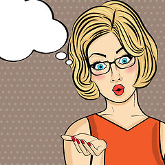 Image showing Surprised pop art  woman  . Comic woman with speech bubble. Pin 