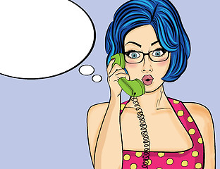 Image showing Surprised pop art  woman chatting on retro phone . Comic woman w