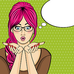 Image showing Surprised pop art  woman  . Comic woman with speech bubble. Pin 