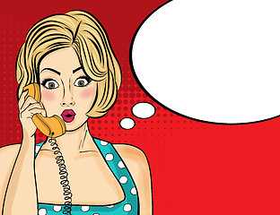 Image showing Surprised pop art  woman chatting on retro phone . Comic woman w