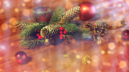 Image showing christmas fir branch decoration and candle lantern