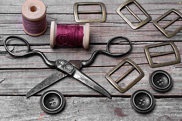 Image showing Retro set of buttons,thread and scissors