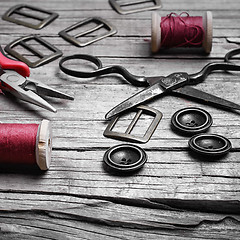 Image showing Retro set of buttons,thread and scissors