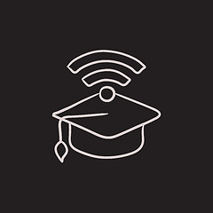 Image showing Graduation cap with wi-fi sign sketch icon.