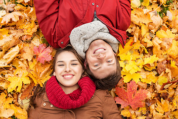 Image showing close up of smiling couple lying on autumn leaves