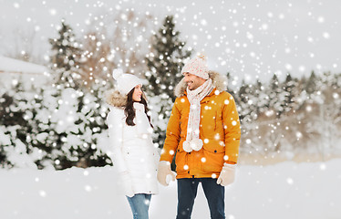 Image showing happy couple walking over winter background