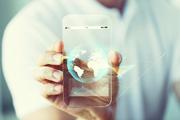 Image showing close up of hand with earth globe on smartphone