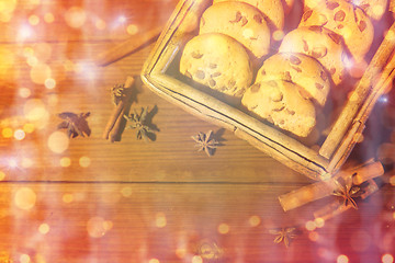 Image showing close up of oat cookies on wooden table