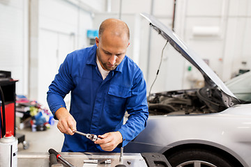 Image showing mechanic man with wrench repairing car at workshop