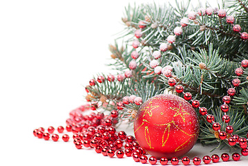 Image showing Christmas decorations with branch of tree on white