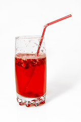 Image showing berry cooler cocktail with drinking straw on white background