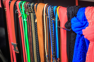 Image showing Collection of Colorful  Belts on Rack 