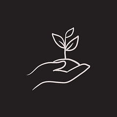 Image showing Hands holding seedling in soil sketch icon.