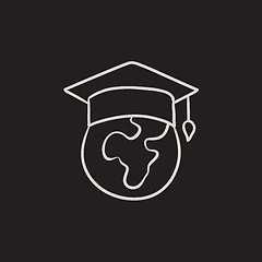 Image showing Globe in graduation cap sketch icon.