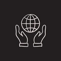 Image showing Two hands holding globe sketch icon.