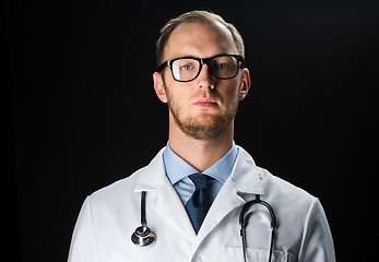 Image showing close up of doctor in white coat with stethoscope