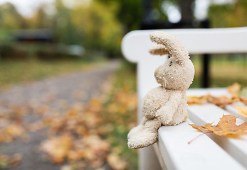 Image showing toy rabbit on bench in autumn park