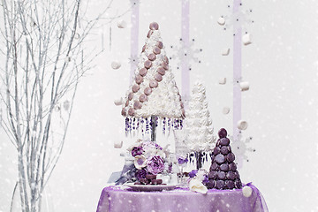 Image showing Set of three wedding croquembouche cakes