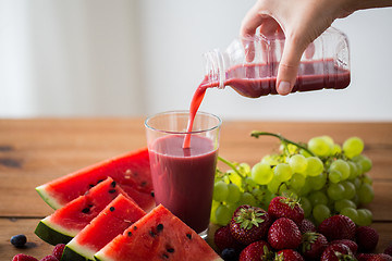 Image showing hand pouring fruit juice from bottle to glass