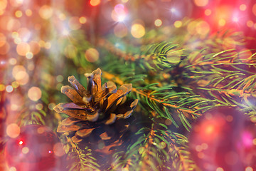 Image showing fir branch with christmas ball and pinecone