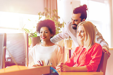 Image showing happy creative team with computer in office