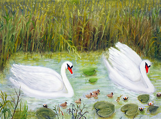 Image showing Two swans with their little ones