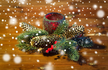 Image showing christmas fir branch decoration and candle lantern