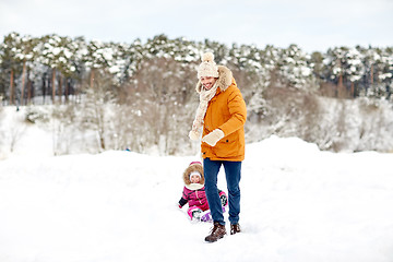 Image showing happy father pulling sled with child in winter