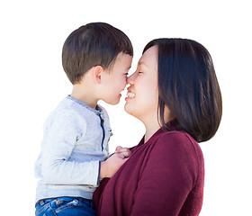 Image showing Playful Young Mixed Race Chinese Mother and Son Isolated