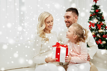 Image showing happy family at home with christmas gift box