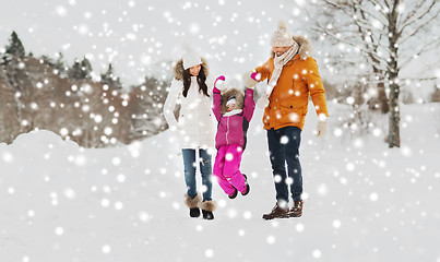 Image showing happy family in winter clothes walking outdoors