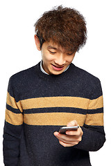 Image showing Young man using mobile phone on white background