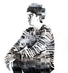 Image showing double exposure asian man and city buildings